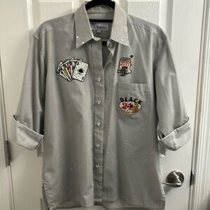 Women's Casino Get Lucky Button Down Shirt- Rhinestones and Cards- Winner- Trip